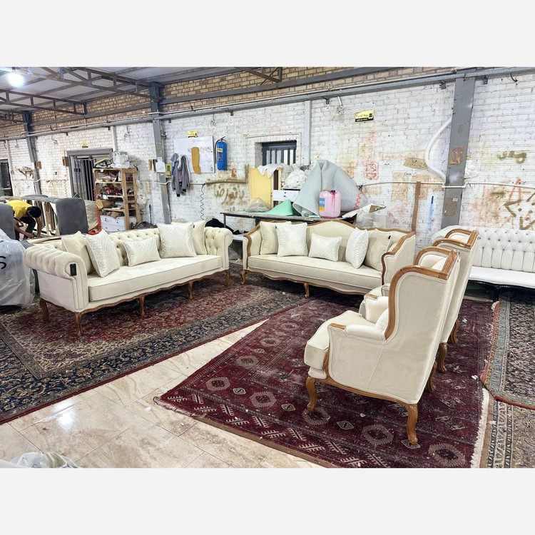 مبل و مبلمان کلاسیک چوب راش کویین یه سه نفره چستر لمسه دست حرفه ای ست 8 نفره ترکیب 1+1+3+3
